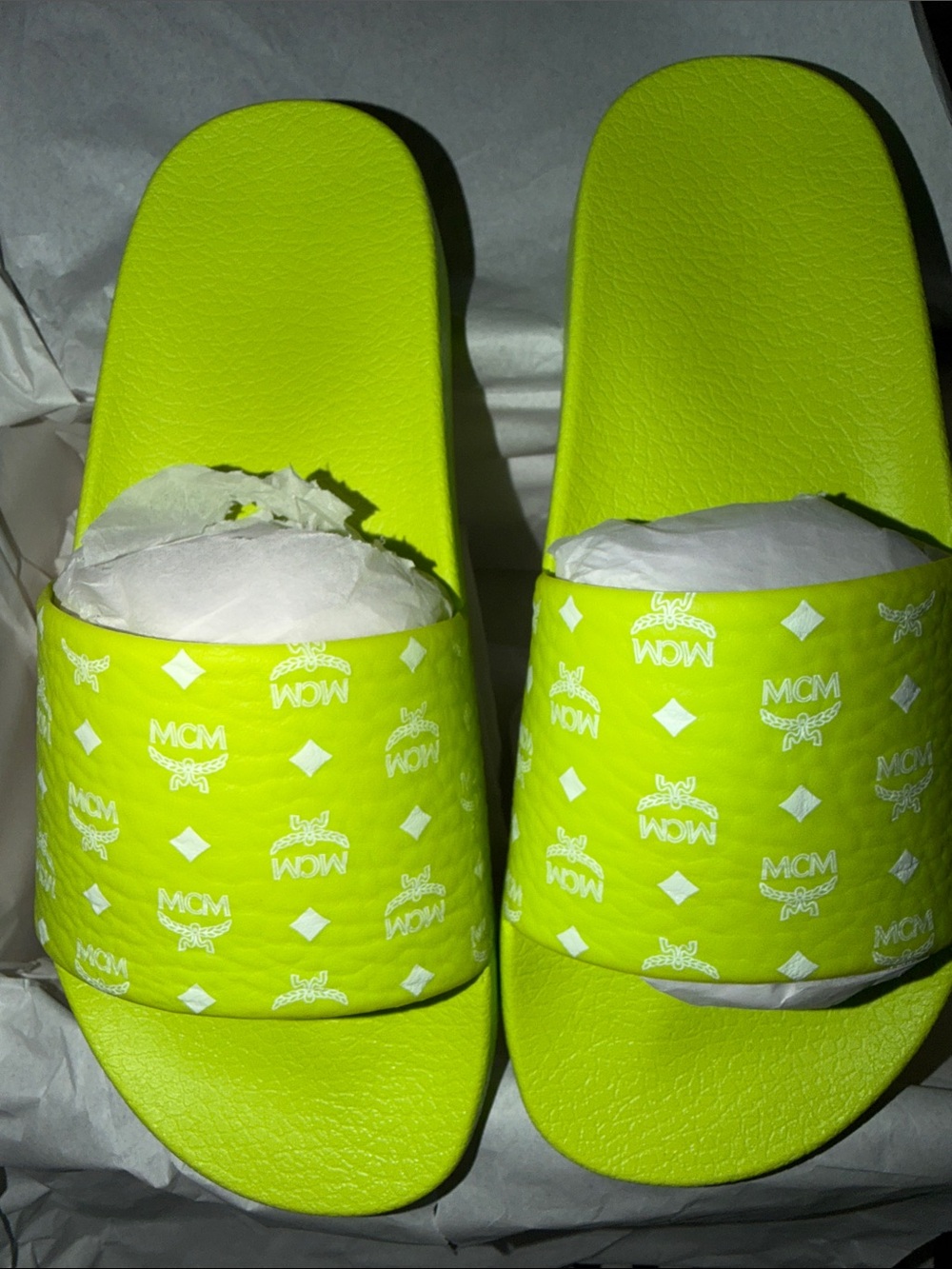MCM Lime Green Monogram Slide Sandals - Picture 3 of 4